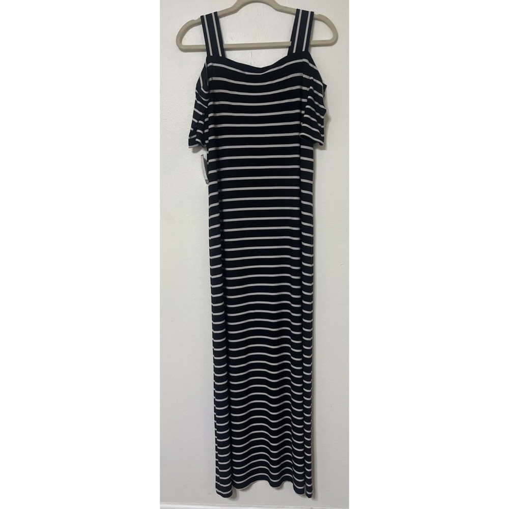 Nine West Maxi Dress Stretchy Black White Striped Cold Shoulder S/S Size 10 - Picture 2 of 8